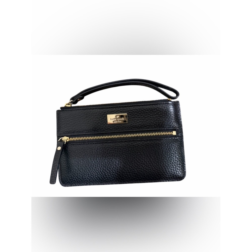 kate spade Black Pebbled Leather Zip Wristlet with Gold Hardware